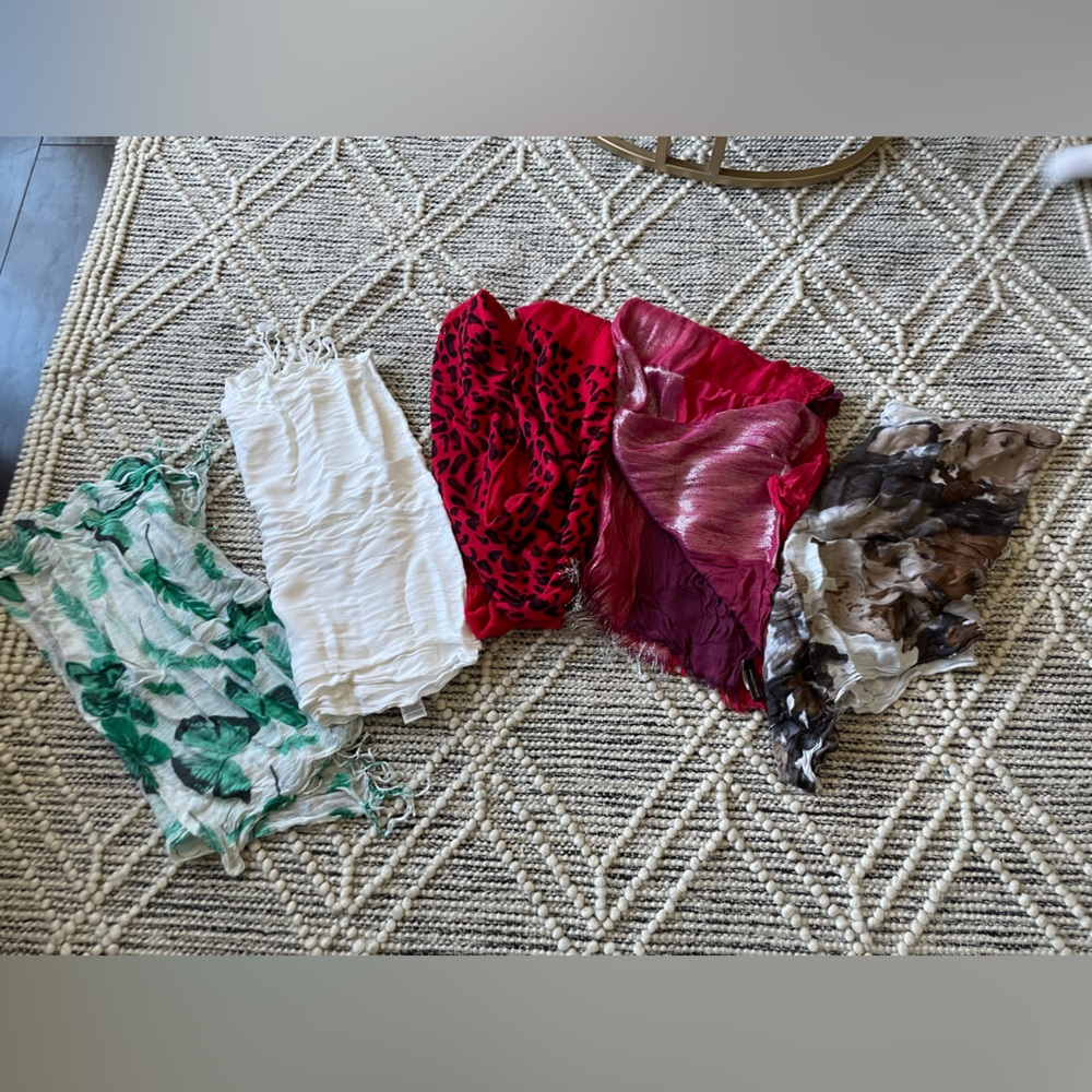Mixed Scarf Lot — Floral, White, Red, Fuchsia, Neutral Prints